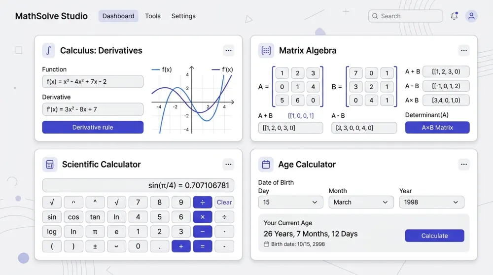 CalcSolver Specialized Solver Suite featuring Calculus, Matrix, Scientific and Age tools